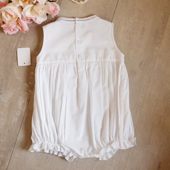 White Smocked Romper Pink Embroidery Feltman Brothers Pin Tucks 9 Months NWT - Picture 2 of 4